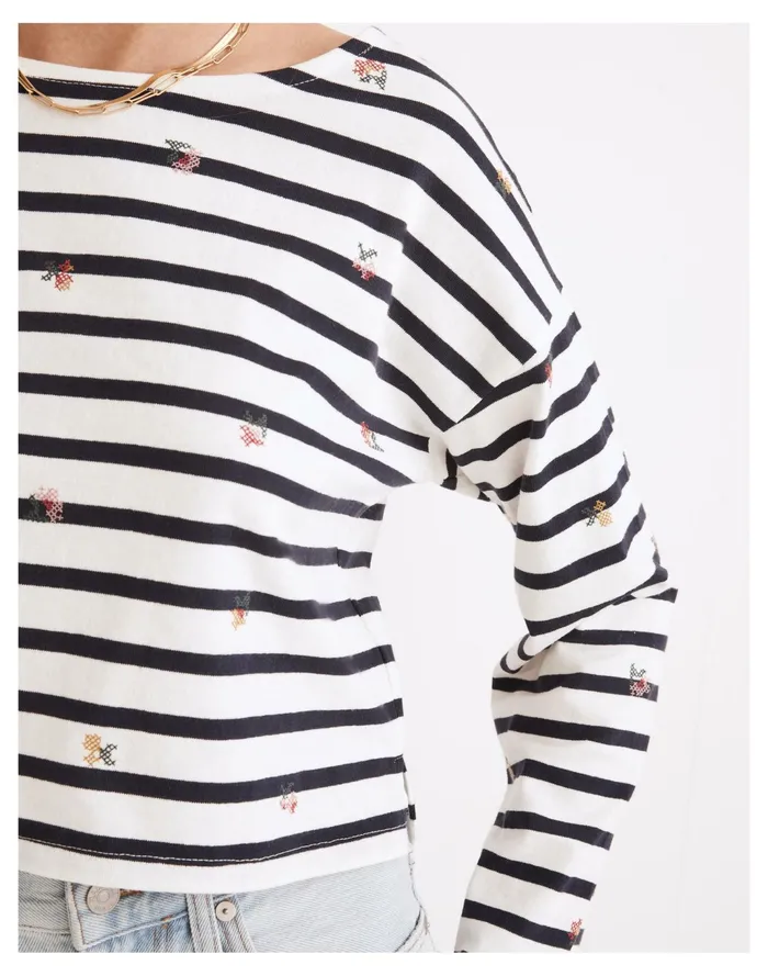 Women Cross Stitch Embroidered Supercrop Long Sleeve Tee In Stripe Juniper Berry Madewell Tops and Shirts Women Cross Stitch Embroidered Supercrop Long Sleeve Tee In Stripe Juniper Berry Madewell Tops and Shirts