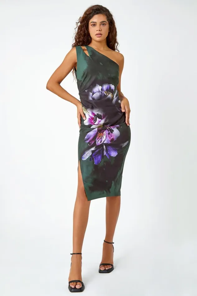 Women Dark Green Floral Print One Shoulder Stretch Dress Roman Dresses