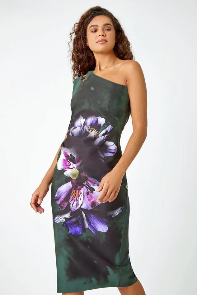 Women Dark Green Floral Print One Shoulder Stretch Dress Roman Dresses