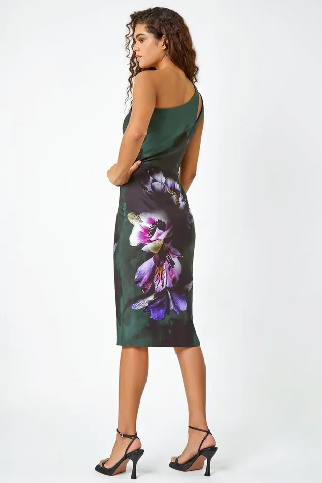 Women Dark Green Floral Print One Shoulder Stretch Dress Roman Dresses