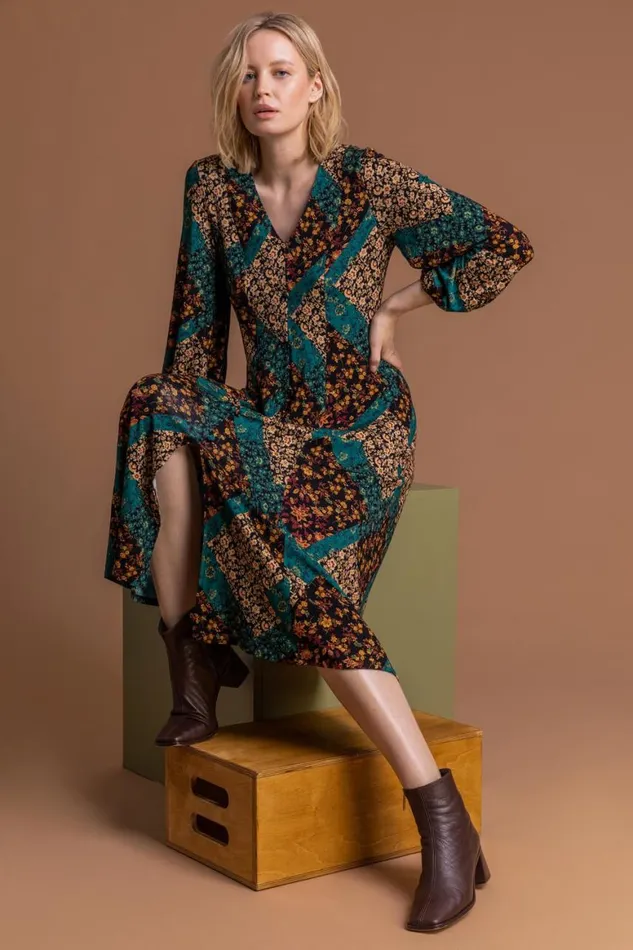 Women Dark Green Patchwork Fit and Flare Midi Dress Roman Dresses