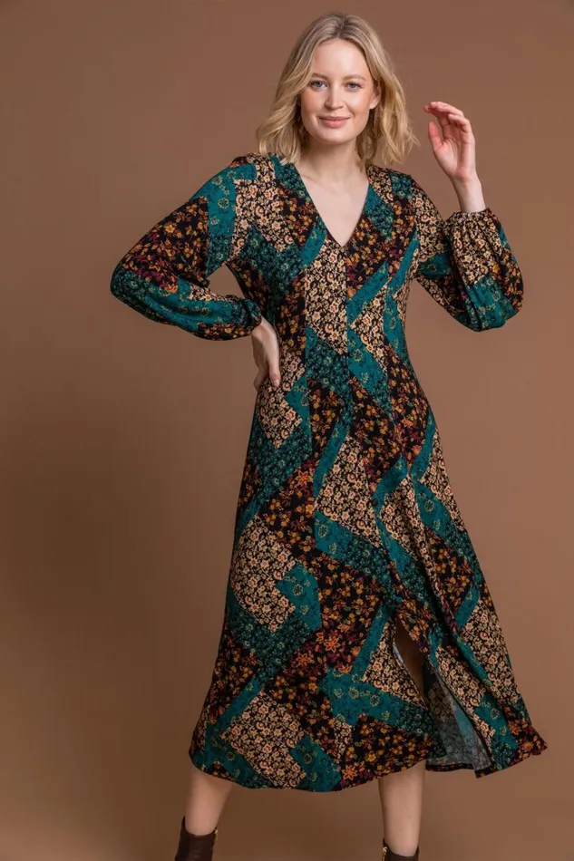 Women Dark Green Patchwork Fit and Flare Midi Dress Roman Dresses