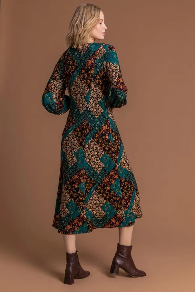 Women Dark Green Patchwork Fit and Flare Midi Dress Roman Dresses