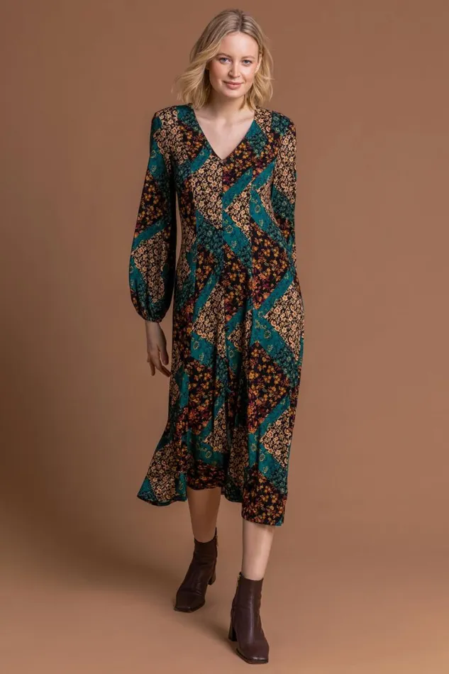 Women Dark Green Patchwork Fit and Flare Midi Dress Roman Dresses