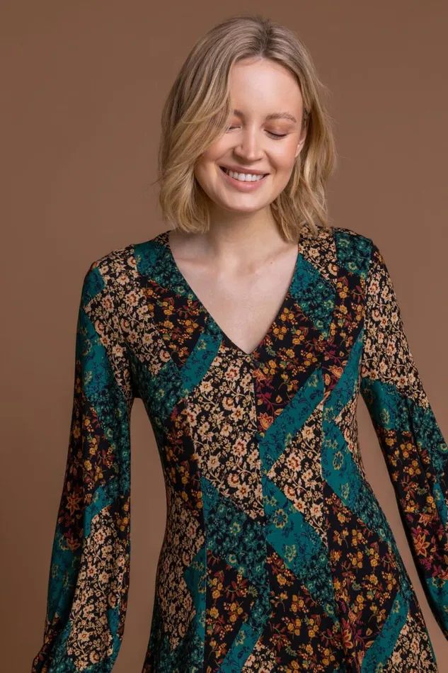 Women Dark Green Patchwork Fit and Flare Midi Dress Roman Dresses