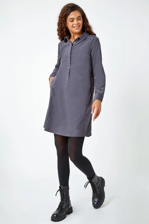 Women Dark Grey Corduroy Tunic Shirt Dress Roman Dresses