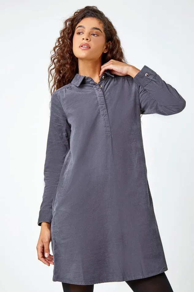 Women Dark Grey Corduroy Tunic Shirt Dress Roman Dresses