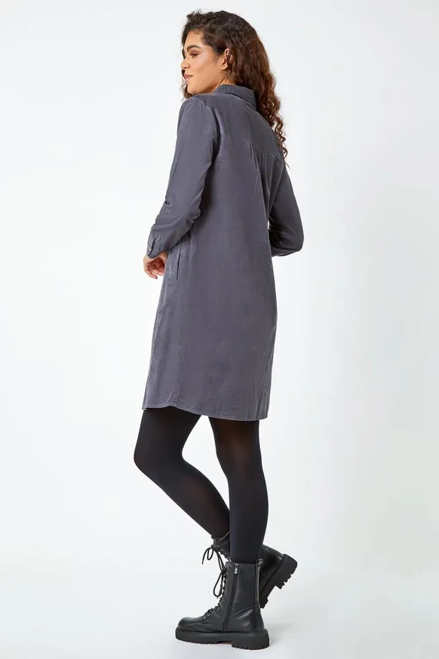 Women Dark Grey Corduroy Tunic Shirt Dress Roman Dresses