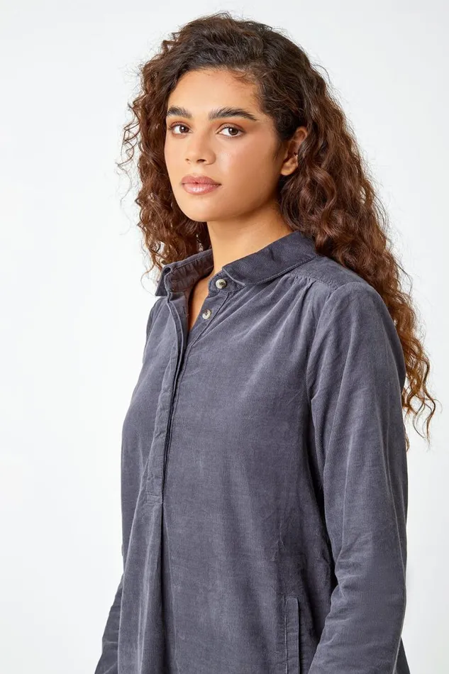 Women Dark Grey Corduroy Tunic Shirt Dress Roman Dresses