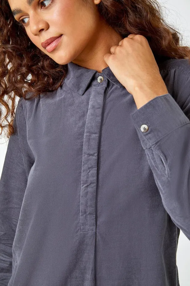 Women Dark Grey Corduroy Tunic Shirt Dress Roman Dresses