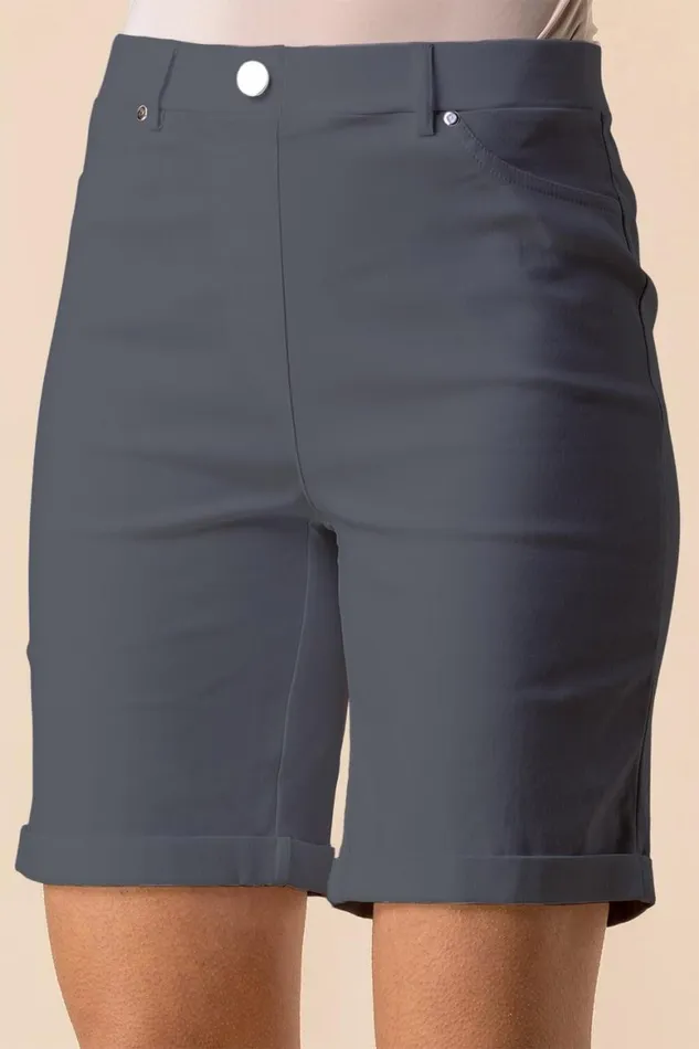 Women Dark Grey Elastic Waist Turn Up Stretch Shorts Roman Occasionwear