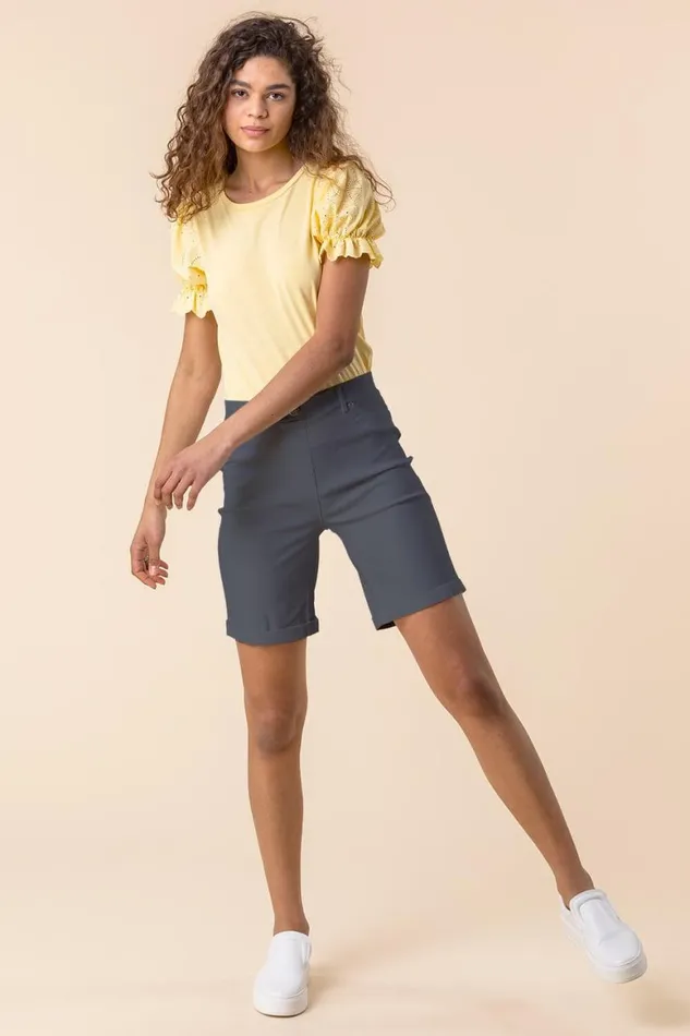 Women Dark Grey Elastic Waist Turn Up Stretch Shorts Roman Occasionwear