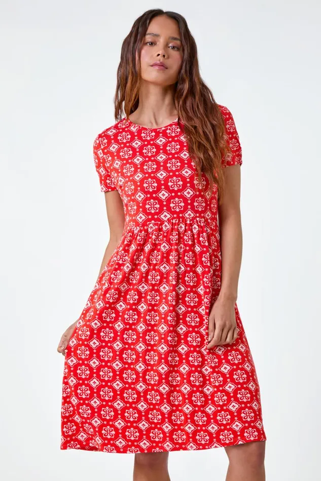 Women Dark Orange Petite Geometric Stretch Pocket Dress Roman Dresses