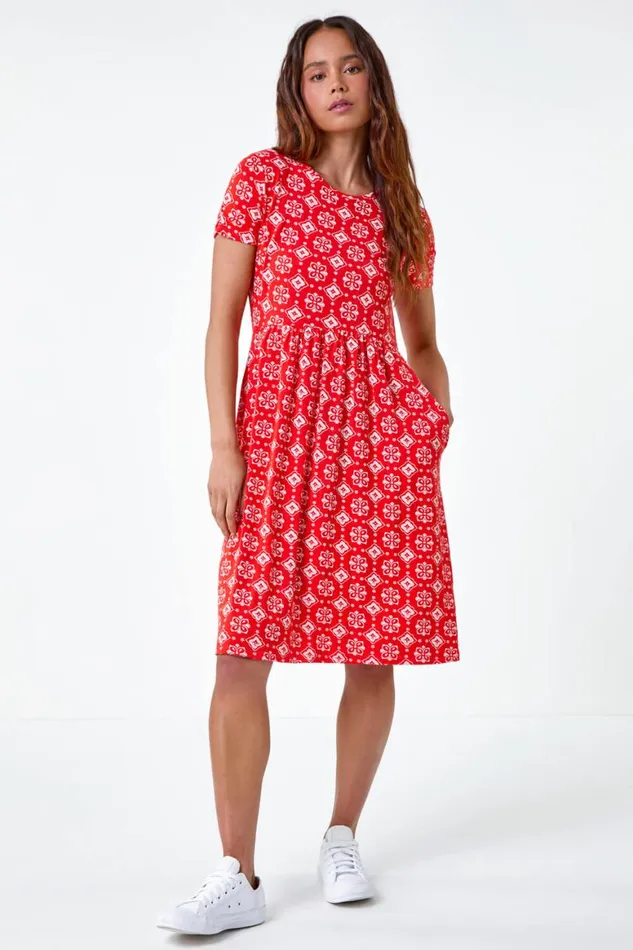 Women Dark Orange Petite Geometric Stretch Pocket Dress Roman Dresses