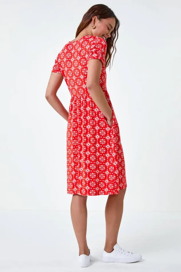 Women Dark Orange Petite Geometric Stretch Pocket Dress Roman Dresses