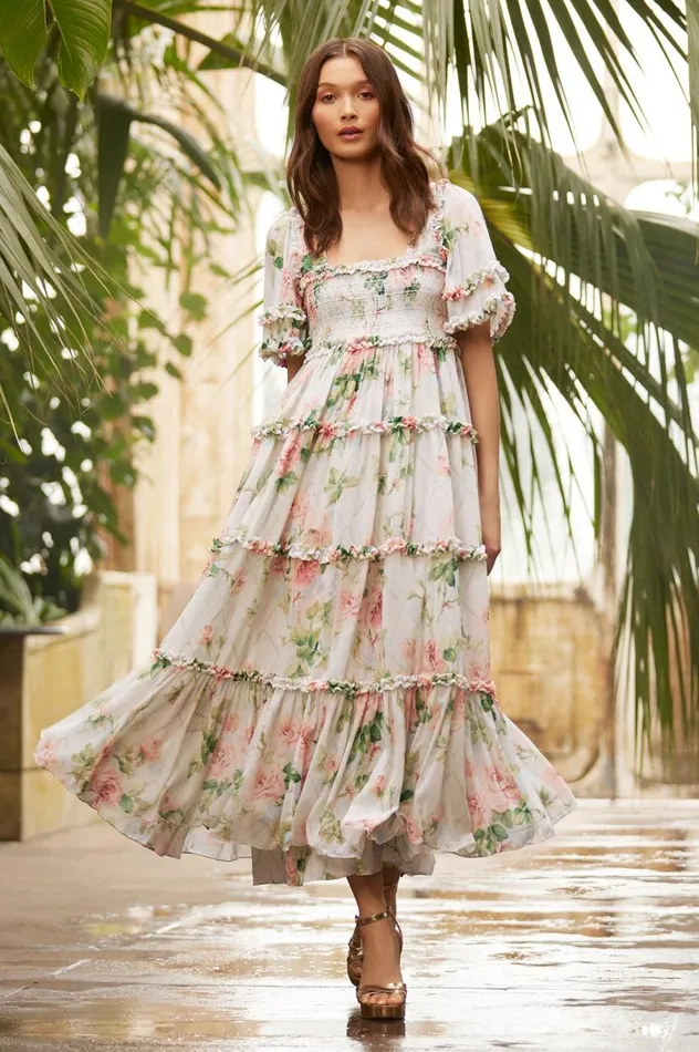 Women Day Dresses Needle and Thread Harlequin Rose Chiffon Smocked Ankle Gown Multi