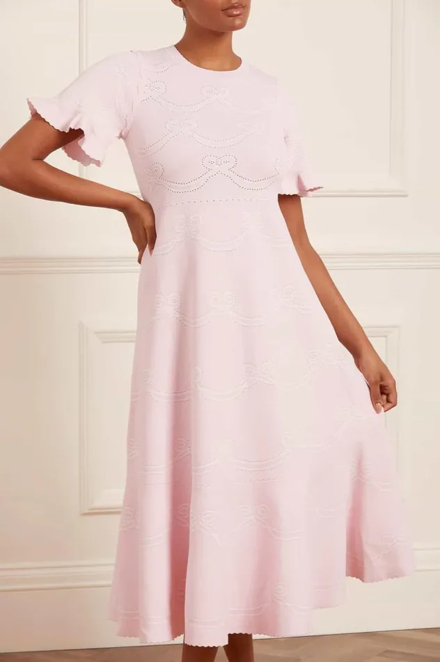 Women Day Dresses Needle and Thread Ribbon Bow Knit Ankle Gown Pink