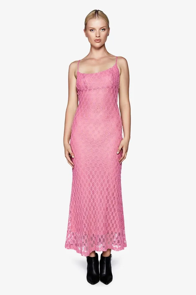 Women Day To Night Dresses Bardot Adoni Mesh Midi Dress In Lili Pink Lili Pink