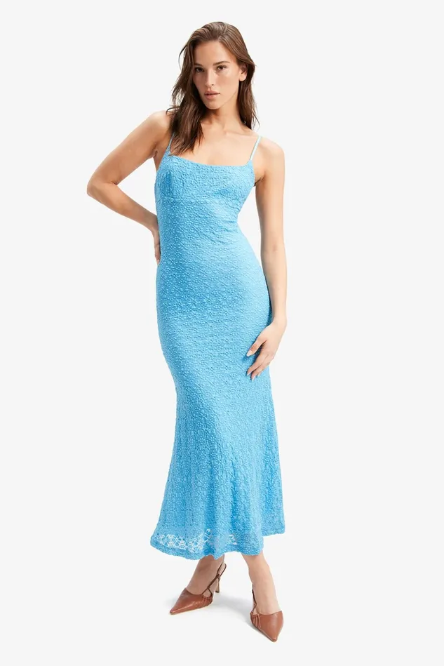 Women Day To Night Dresses Bardot Adoni Mesh Midi Dress In Mid Blue Mid Blue