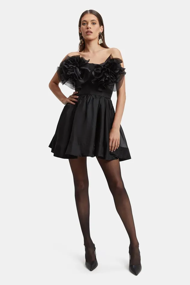 Women Day To Night Dresses Bardot Fleurette Flower Mini Dress In Black Black