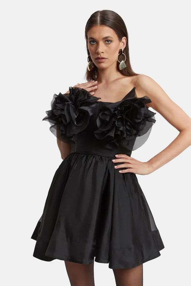 Women Day To Night Dresses Bardot Fleurette Flower Mini Dress In Black Black Women Day To Night Dresses Bardot Fleurette Flower Mini Dress In Black Black
