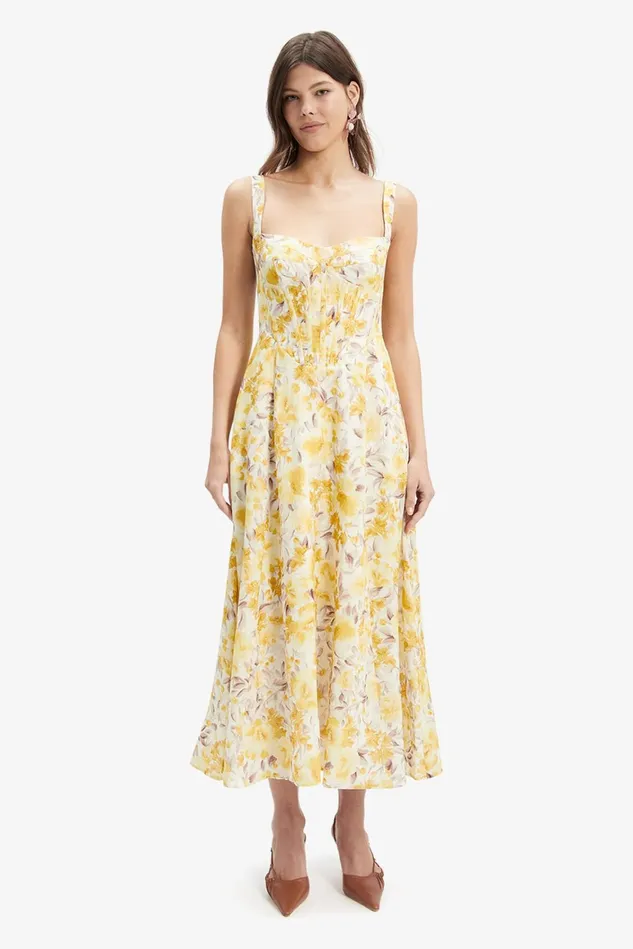 Women Day To Night Dresses Bardot Lilah Corset Midi Dress In Yellow Floral Yellow Floral