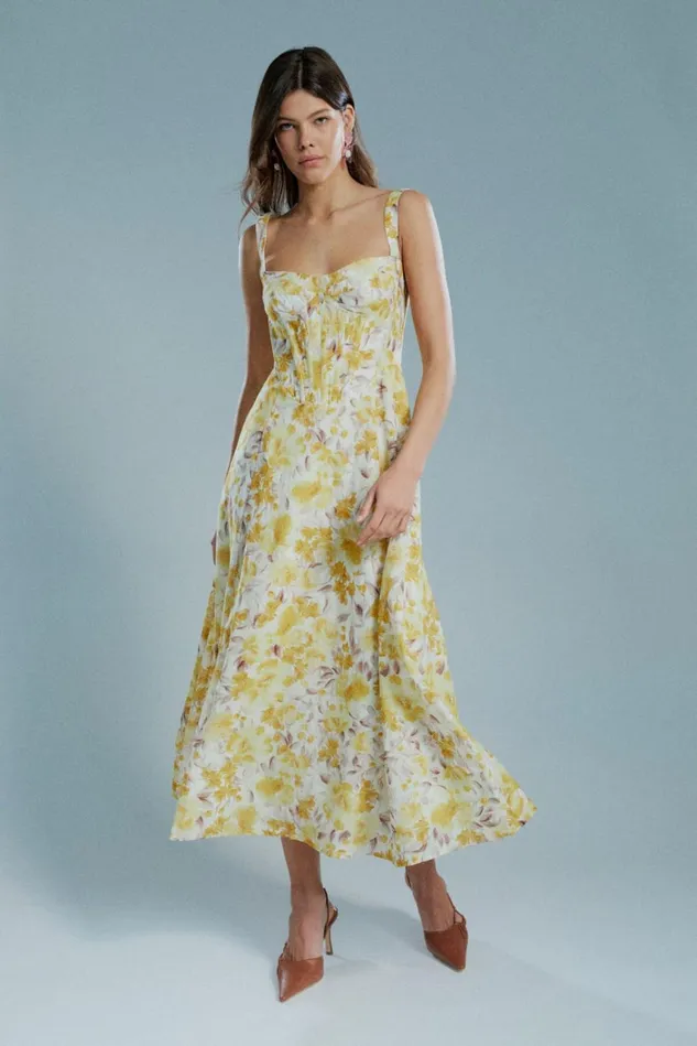 Women Day To Night Dresses Bardot Lilah Corset Midi Dress In Yellow Floral Yellow Floral Women Day To Night Dresses Bardot Lilah Corset Midi Dress In Yellow Floral Yellow Floral