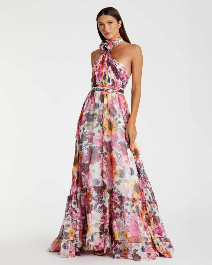Women Daytime Dresses Mac Duggal Asymmetrical Ruffled Halter Floral Gown White Multi