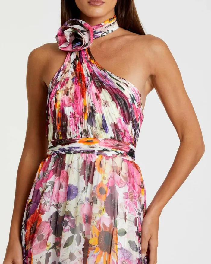 Women Daytime Dresses Mac Duggal Asymmetrical Ruffled Halter Floral Gown White Multi