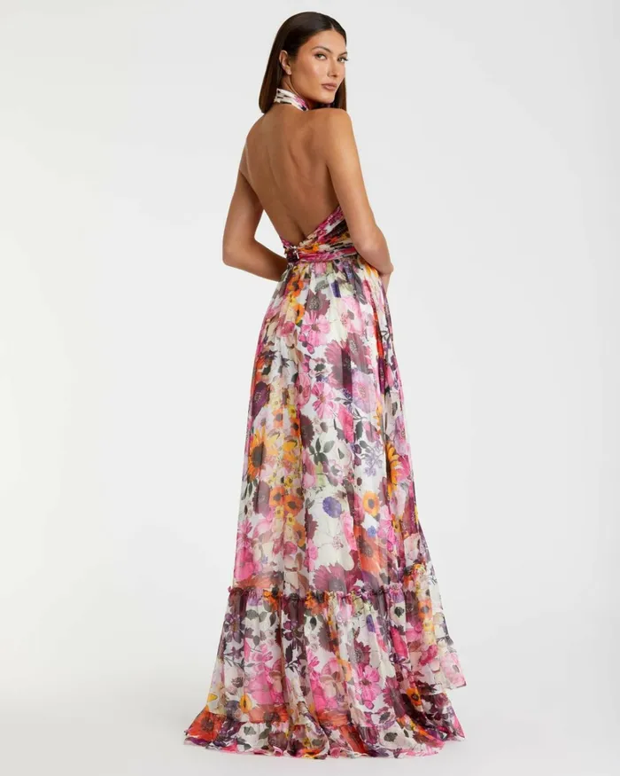 Women Daytime Dresses Mac Duggal Asymmetrical Ruffled Halter Floral Gown White Multi