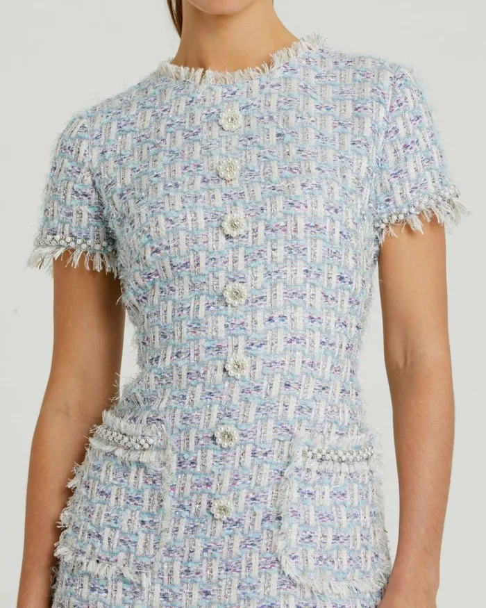 Women Daytime Dresses Mac Duggal Blue Cap Sleeve Floral Button Detail Shift Dress Blue Multi