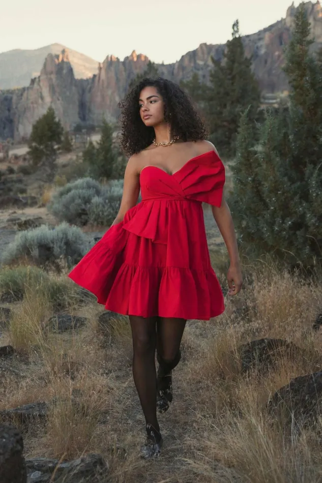 Women Daytime Dresses Mac Duggal Faille Strapless Twist Bow Mini Dress Cherry