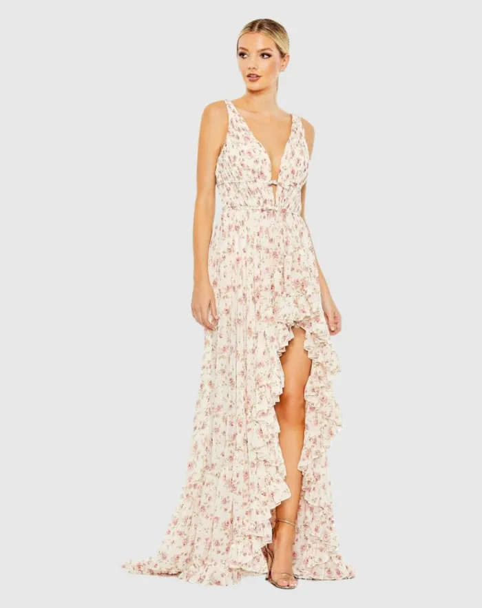 Women Daytime Dresses Mac Duggal Floral Print Sleeveless Ruffled HighLow Gown Pink Multi Women Daytime Dresses Mac Duggal Floral Print Sleeveless Ruffled HighLow Gown Pink Multi