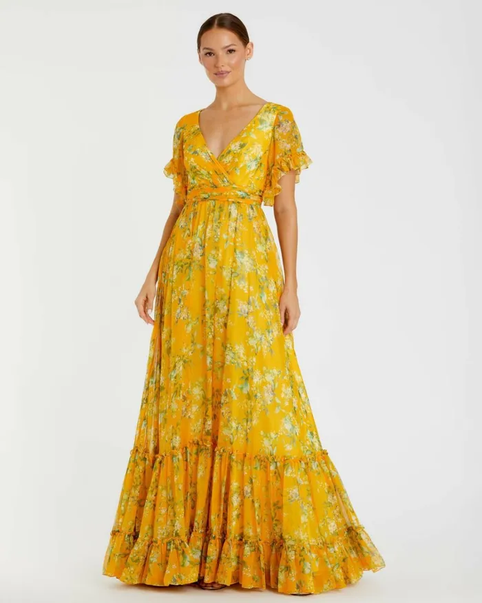 Women Daytime Dresses Mac Duggal Flounce Sleeve Floral Maxi Dress Yellow Multi