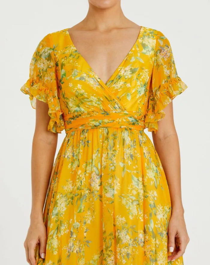 Women Daytime Dresses Mac Duggal Flounce Sleeve Floral Maxi Dress Yellow Multi