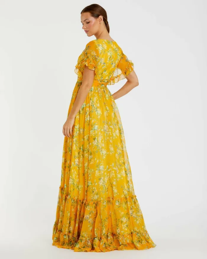 Women Daytime Dresses Mac Duggal Flounce Sleeve Floral Maxi Dress Yellow Multi