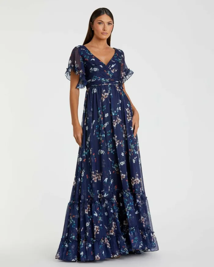 Women Daytime Dresses Mac Duggal Flounce Sleeve Floral Maxi Dress Yellow Multi