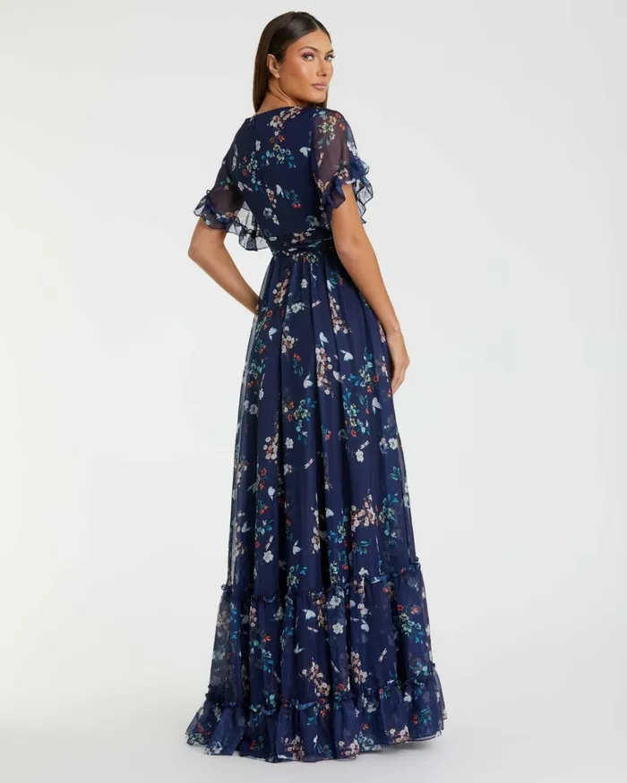 Women Daytime Dresses Mac Duggal Flounce Sleeve Floral Maxi Dress Yellow Multi