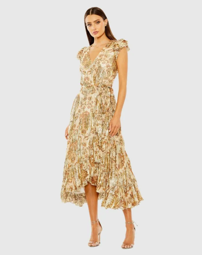 Women Daytime Dresses Mac Duggal Flutter Sleeve Floral Wrap Dress Cream Multi