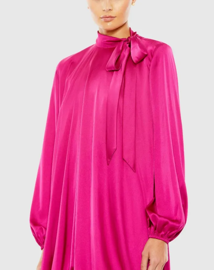 Women Daytime Dresses Mac Duggal High Neck Long Sleeve Bubble Hem Dress 8211 FINAL SALE Hot Pink