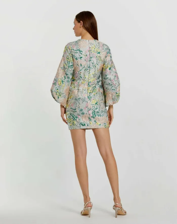 Women Daytime Dresses Mac Duggal Multicolor Floral Brocade Puff Sleeve Fitted Mini Dress Pastel Multi
