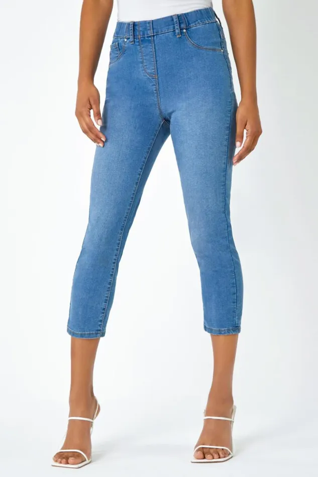 Women Denim Blue Elastic Waist Cropped Denim Jegging Roman Coords