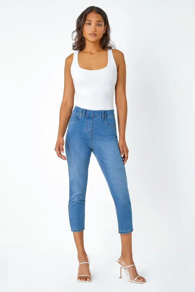 Women Denim Blue Elastic Waist Cropped Denim Jegging Roman Coords