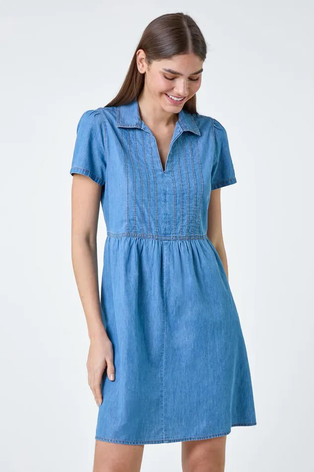 Women Denim Cotton Denim Collared Dress Roman Dresses
