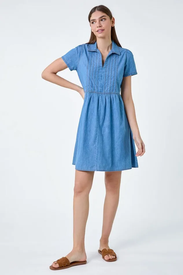 Women Denim Cotton Denim Collared Dress Roman Dresses