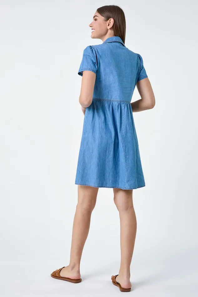 Women Denim Cotton Denim Collared Dress Roman Dresses