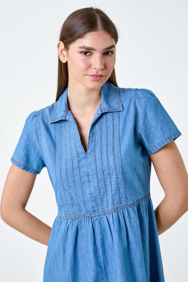 Women Denim Cotton Denim Collared Dress Roman Dresses