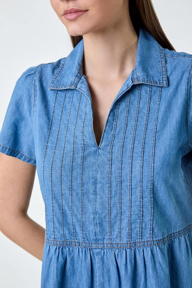 Women Denim Cotton Denim Collared Dress Roman Dresses