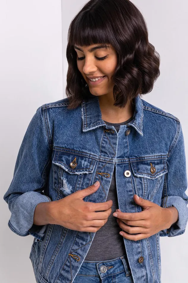Women Denim Distressed Denim Jacket Roman Jackets