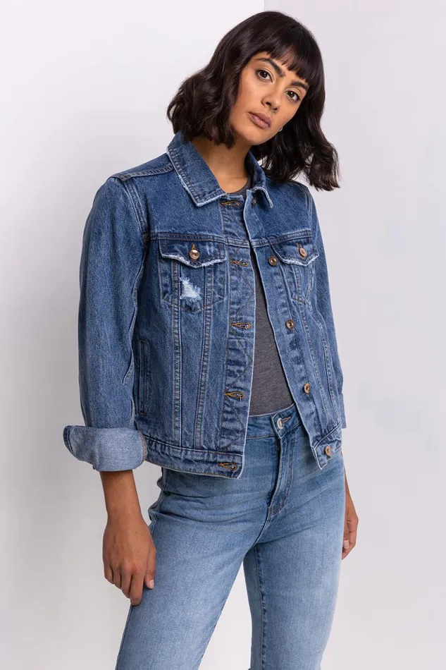 Women Denim Distressed Denim Jacket Roman Jackets
